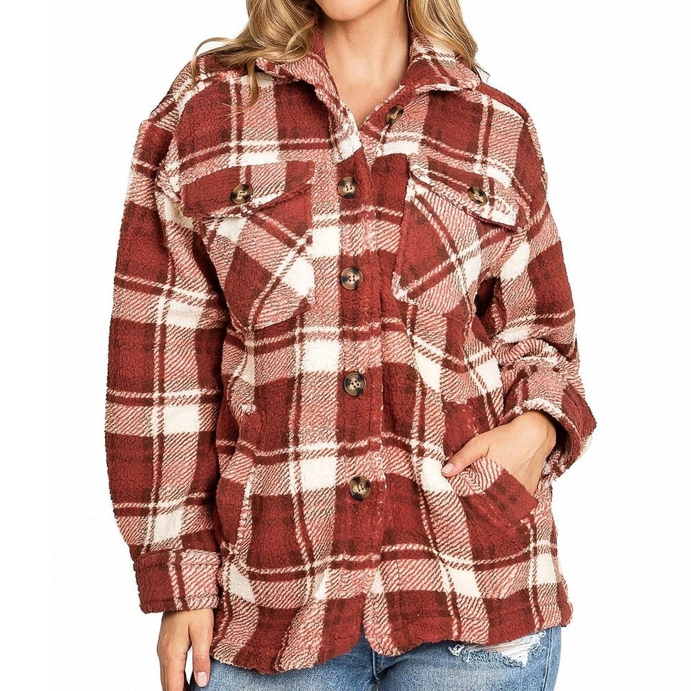 Love Tree $68 Large Rust Red Plaid Teddy Fleece Button Up Pockets Shacket Jacket